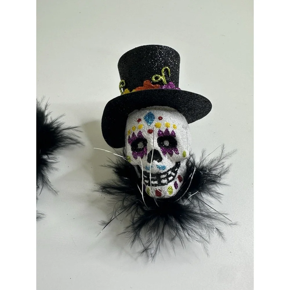 Pier 1 Halloween Ornament Day of Dead Top Hat Witch Hat Glitter Hanging Set 2